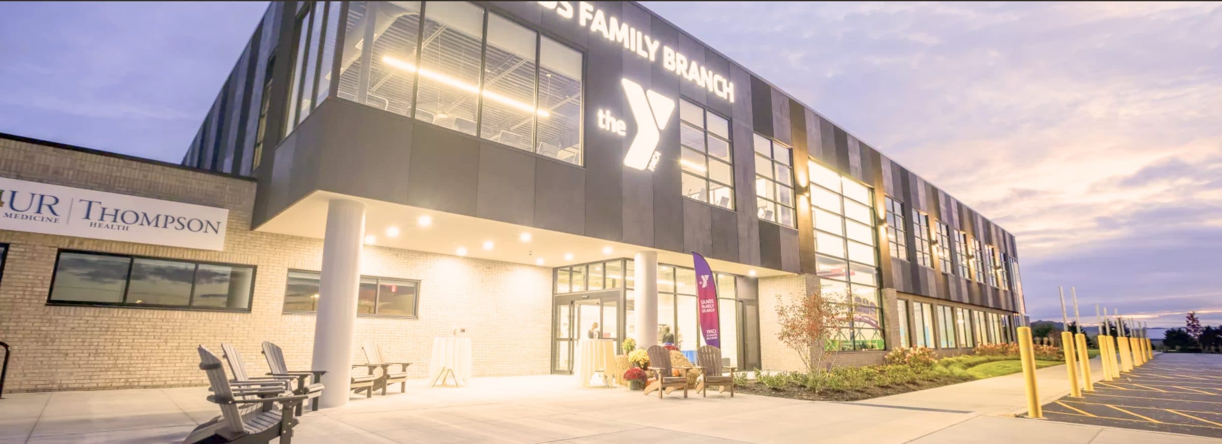 Sands Family YMCA branch in Canandaigua, New York, at dusk