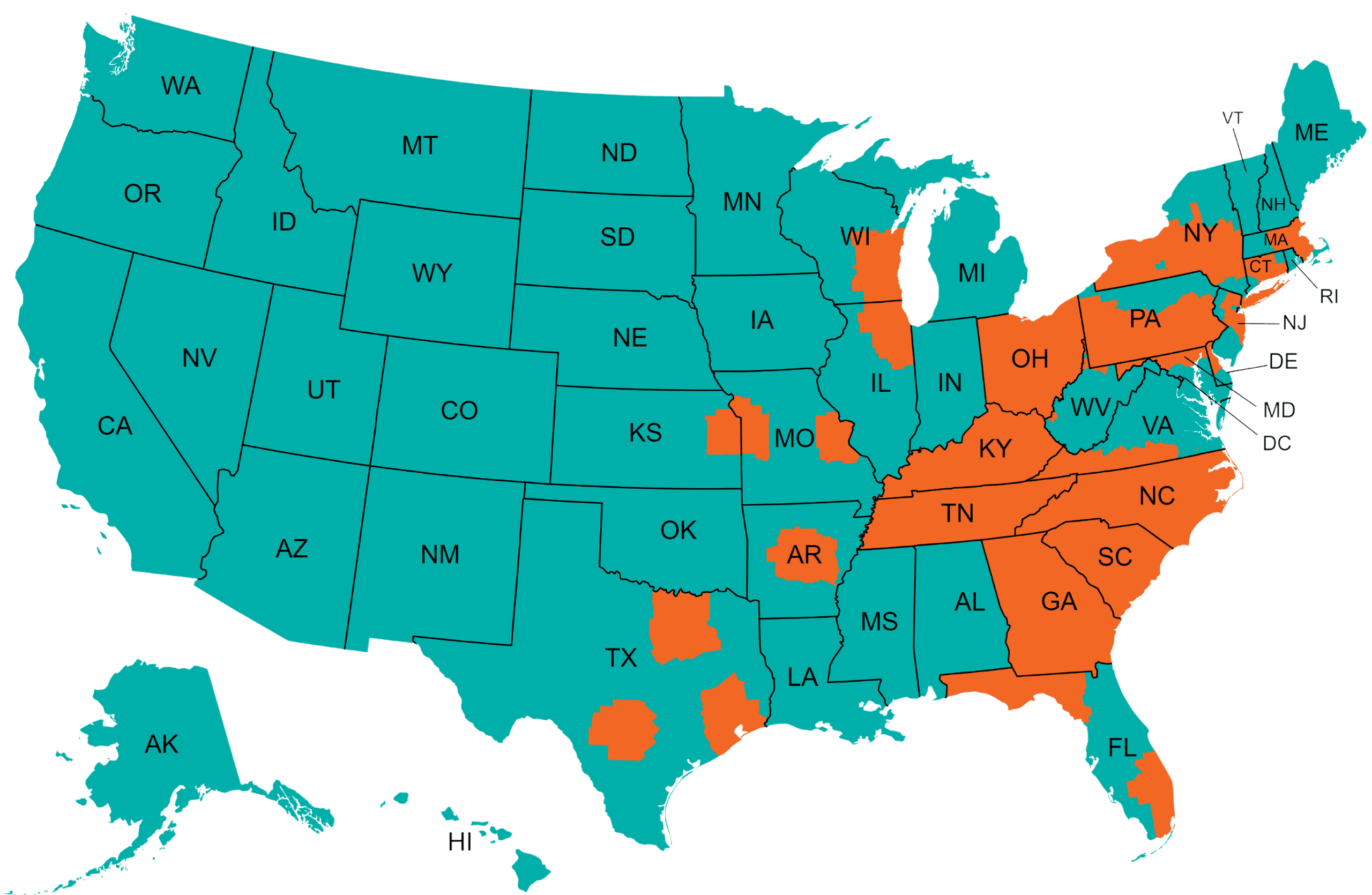EZaccessMD service map: 22 mobile-unit states in orange, telehealth-only states in teal